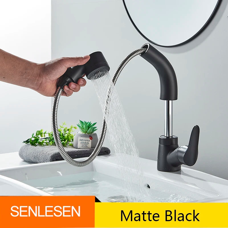 Bathroom Sink Faucet Pull Out Sprayer Deck Mounted