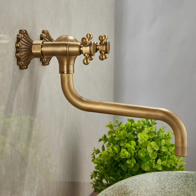 Brass Antique Wall Mounted Washbasin Faucets Double Handle