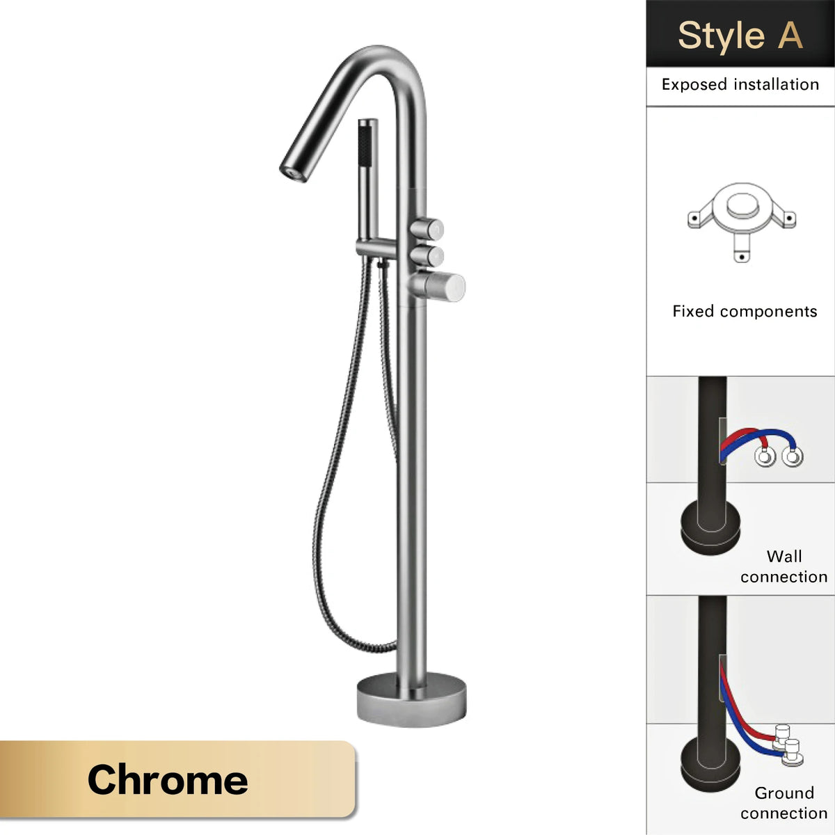 Aitna Gold Brass Luxury Bathroom Faucet Floor Standing