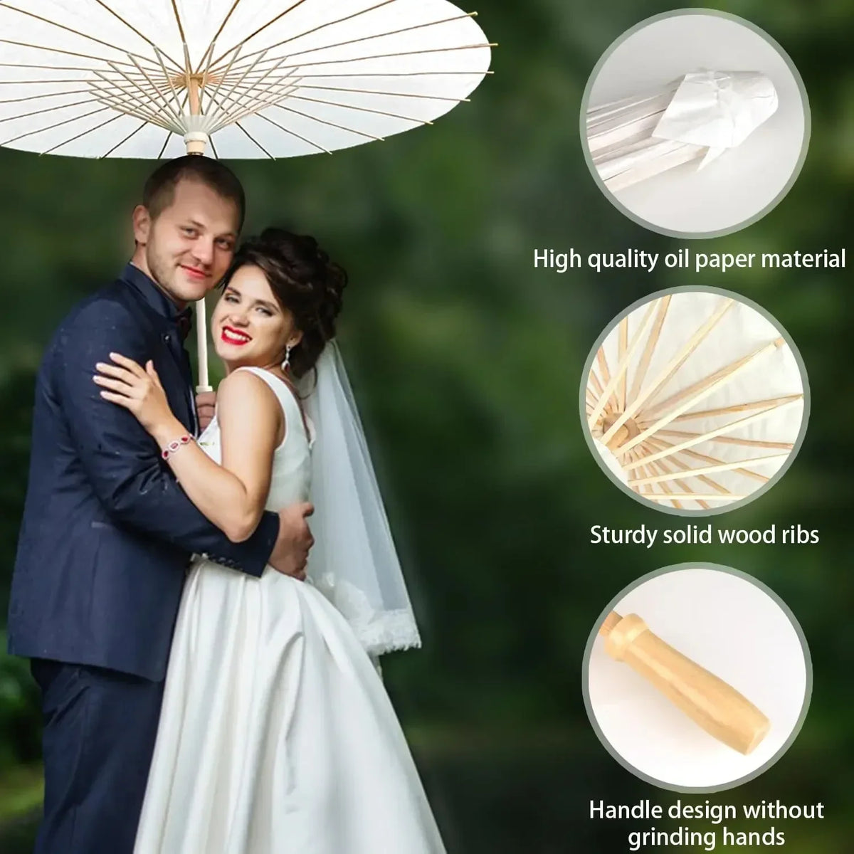 White Wedding Paper Umbrellas 60/80cm Chinese Wooden Handle