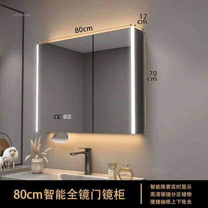 Modern Solid Wood Smart Bathroom Mirror Cabinet Light