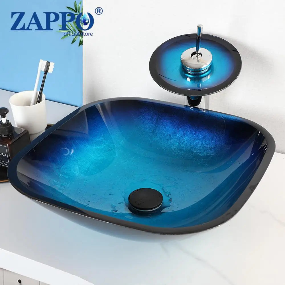 Zappo Tempered Glass Bathroom Vessel Sink Waterfall Black