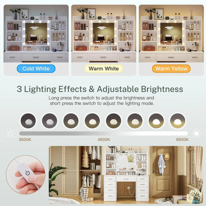 Makeup Vanity Lighted Mirror & Power Outlet Drawers