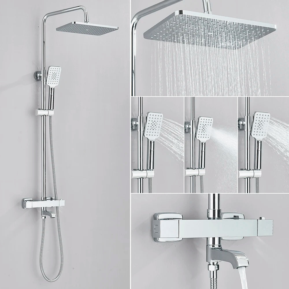 Bathroom Thermostatic Shower Faucet Rainfall Head Wall Mounted