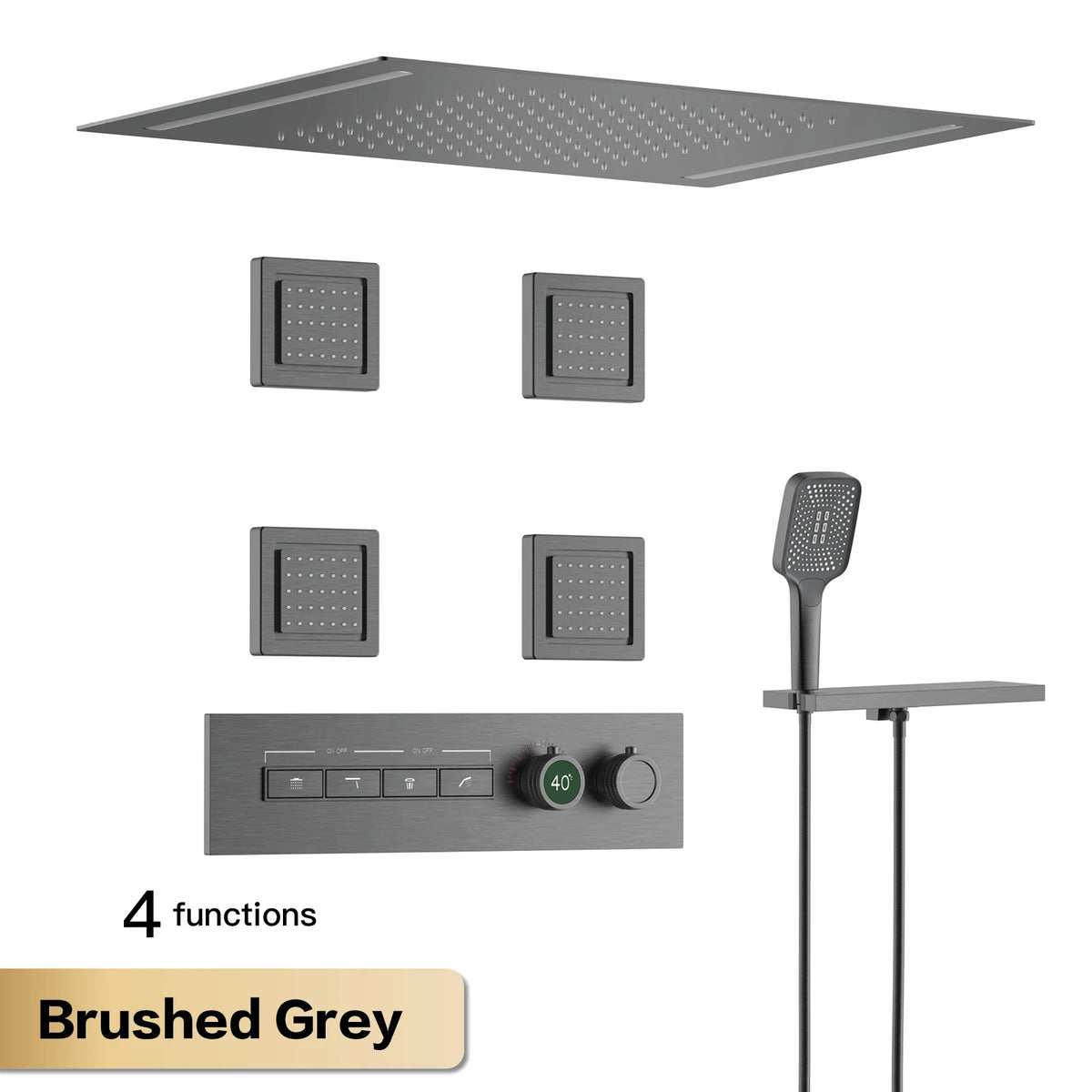 Luxury Gun Grey Brass Thermostatic Shower System Ceiling-Embedded