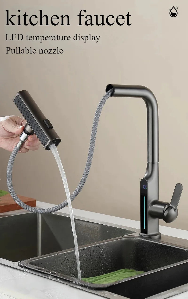 Gun Metal Gray Pull Out Faucet Ledtemperature Display