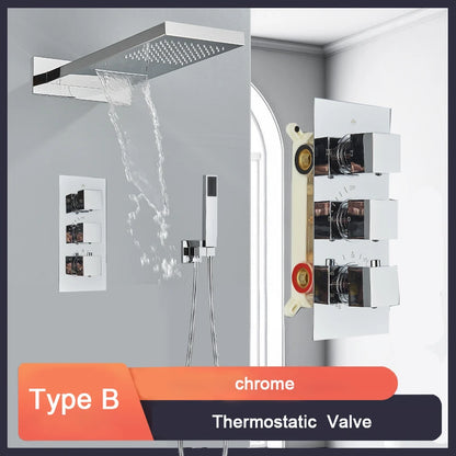 Black Bathroom Thermostatic Faucet Rainfall Waterfall Shower