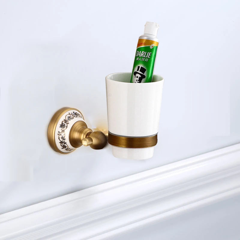 Antique Brushed Solid Brass Bathroom Sets European Porcelain