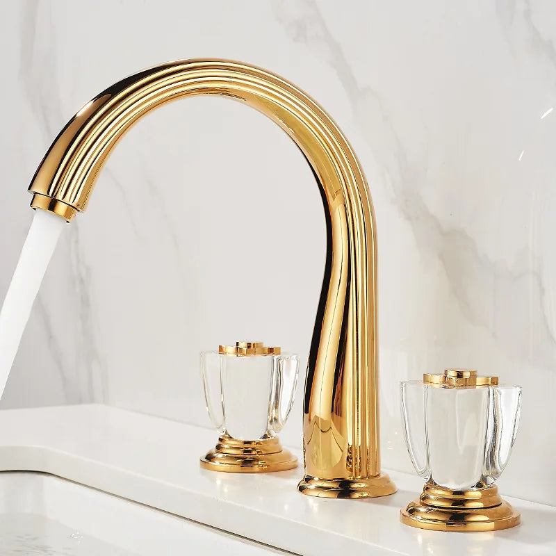 French Brass Bathroom Gold Three-Hole Basin Faucet Cold