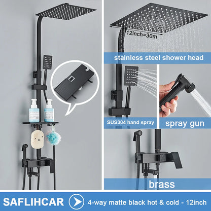 Black/Chrome Brass Shower Faucets Rainfall Shower Shelf Cold