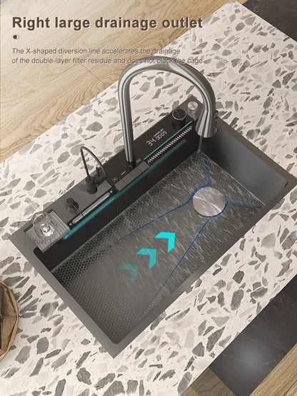 Stainless Steel Waterfall Sink Digital Display Large Slot