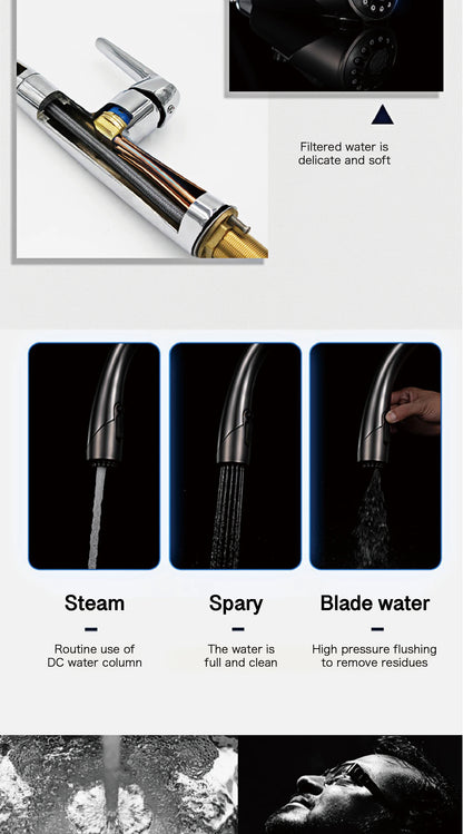 High-End Touch Black Faucet Brass Pull-Out Design Three-Function