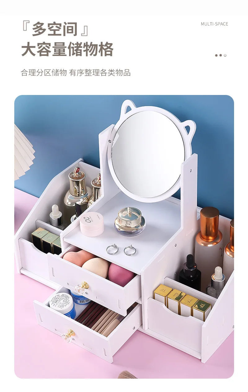 Desktop Drawer-Type Vanity Mirror Storage Box Round Makeup