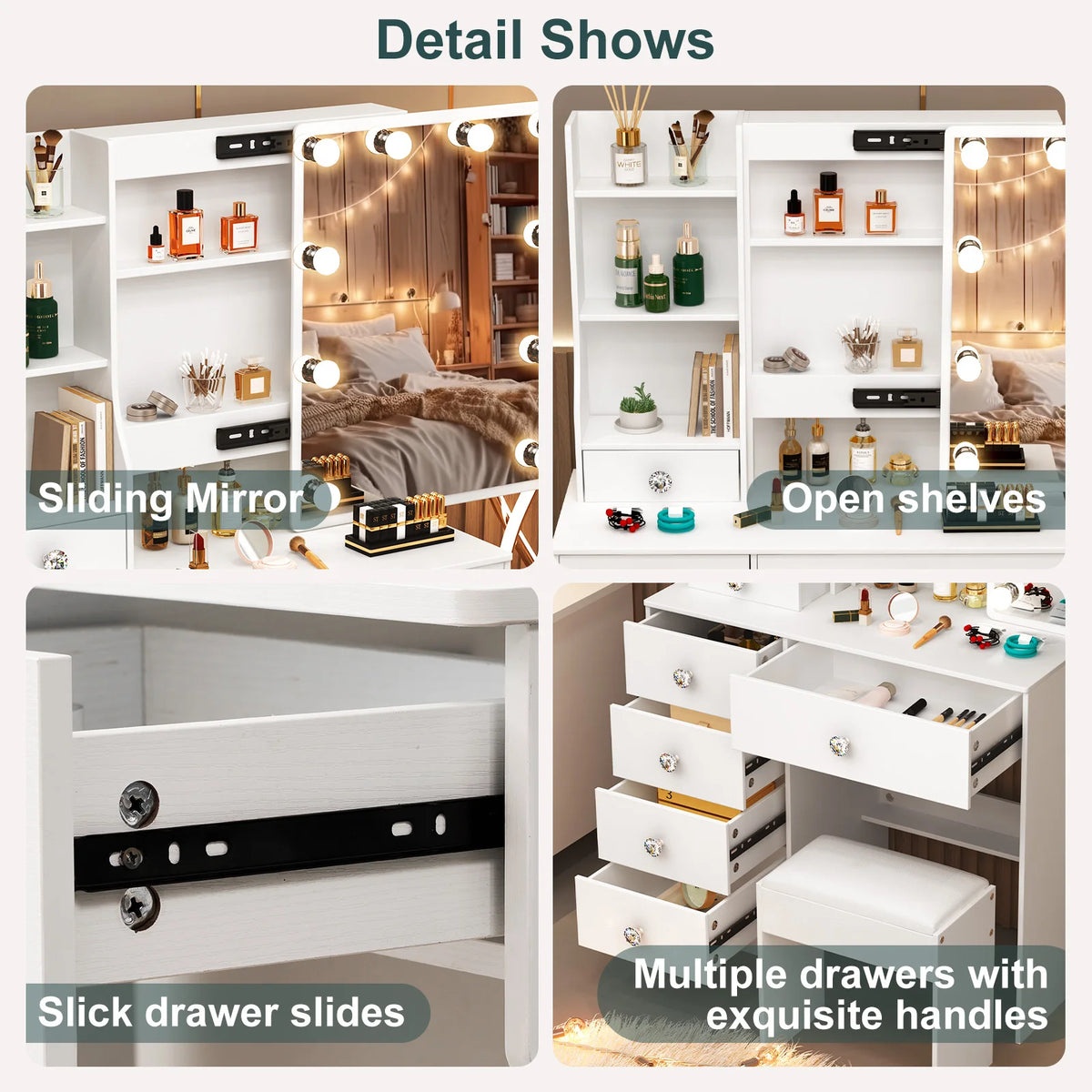 White Dressing Table Vanity Sliding Mirror Frame 3-Color