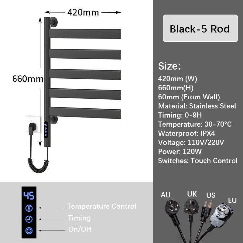 Black Electric Towel Rack Bathroom Temperature Time Smart