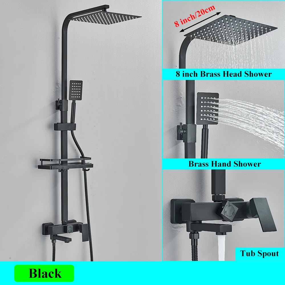 Black Brass Shower Faucet Sets Rainfall Bathtub Tap