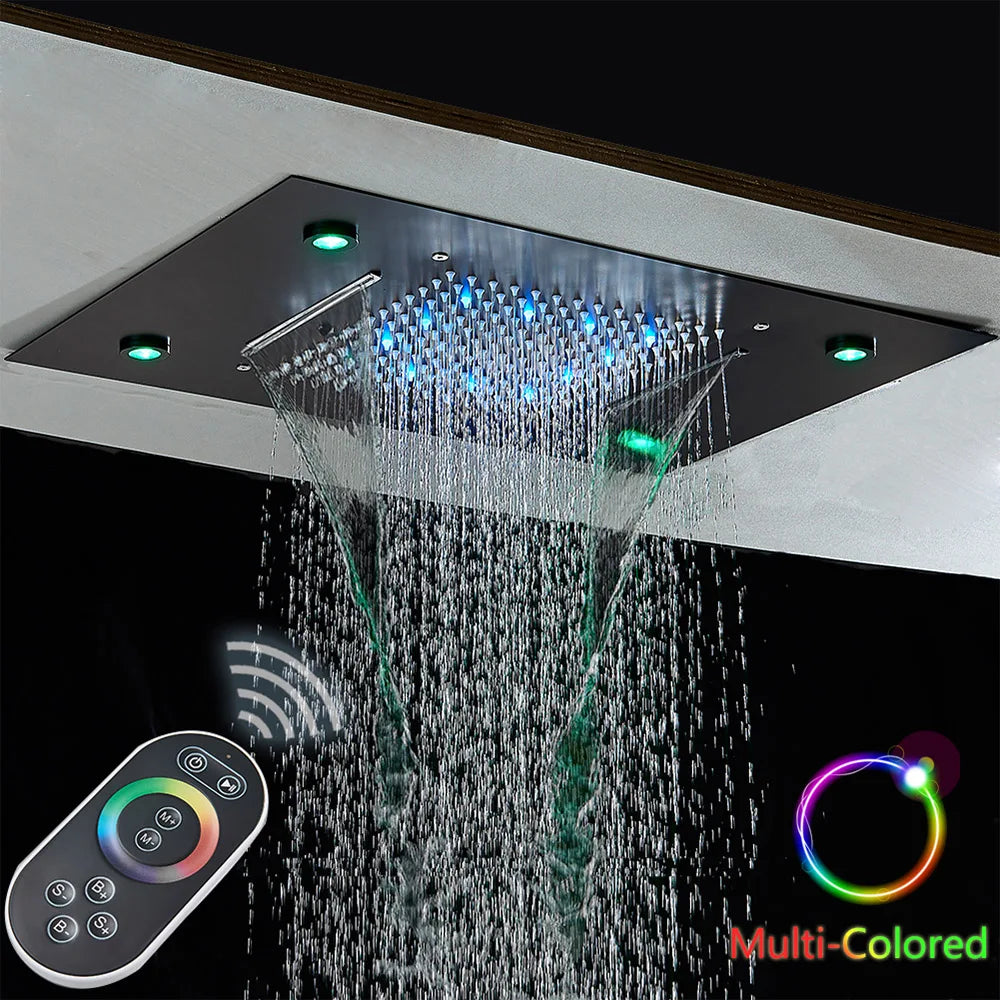 Black Thermostatic Bathroom Shower Faucet Remote Led Rainfall