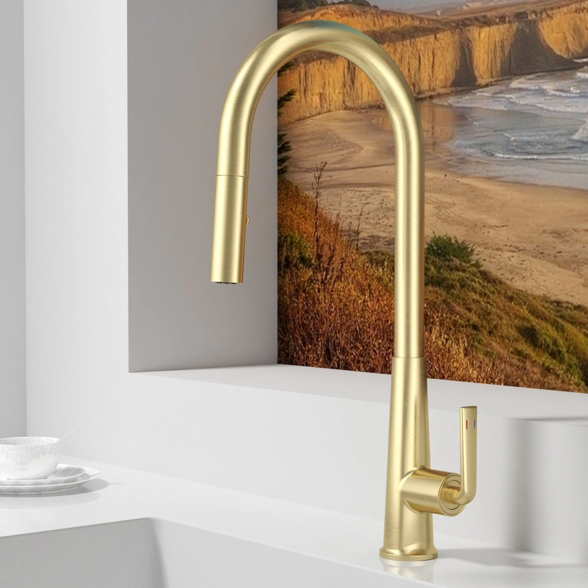 Brushed Gold Faucet Pull Out Sprayer Cold Water