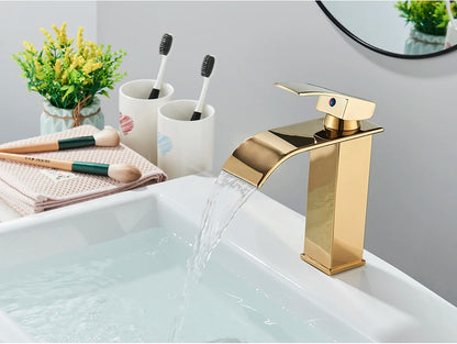 Brushed Golden Basin Faucets Elegant Waterfall Bathroom Sink