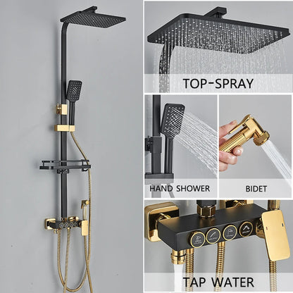 Black Gold Brass Rainfall Shower Faucet Stainless Steel