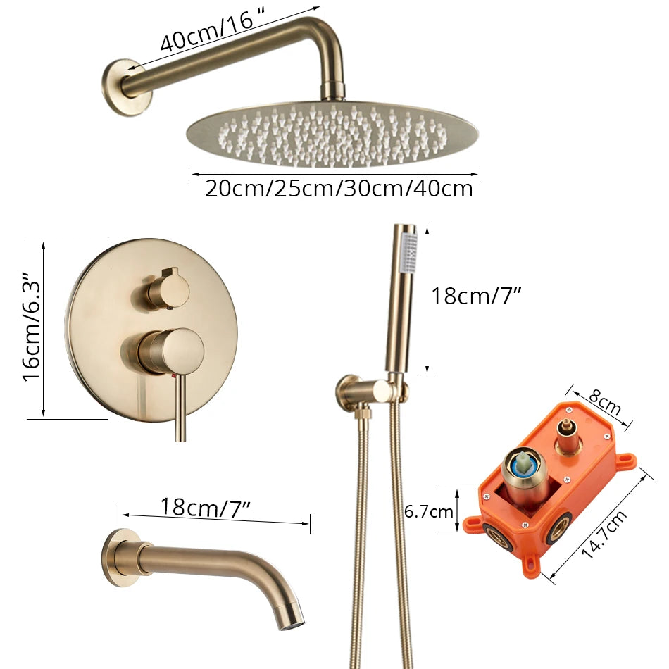 Brushed Gold Shower Faucet Wall Mount Big Rainfall