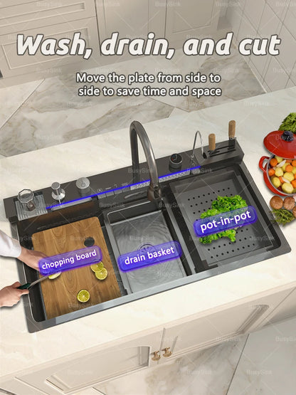 Stainless Steel Waterfall Sink Extra Large Bowl Digital