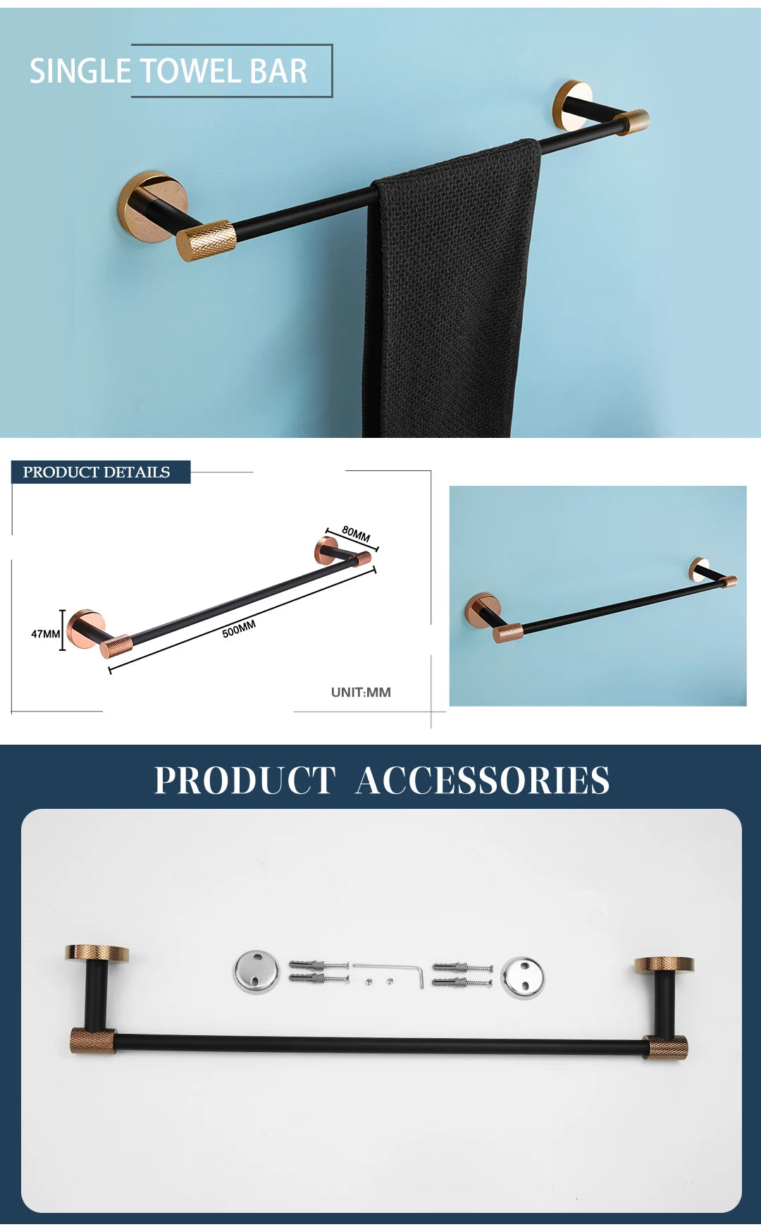 Rose Gold &Black Wall Mount Shelf Toilet Bath