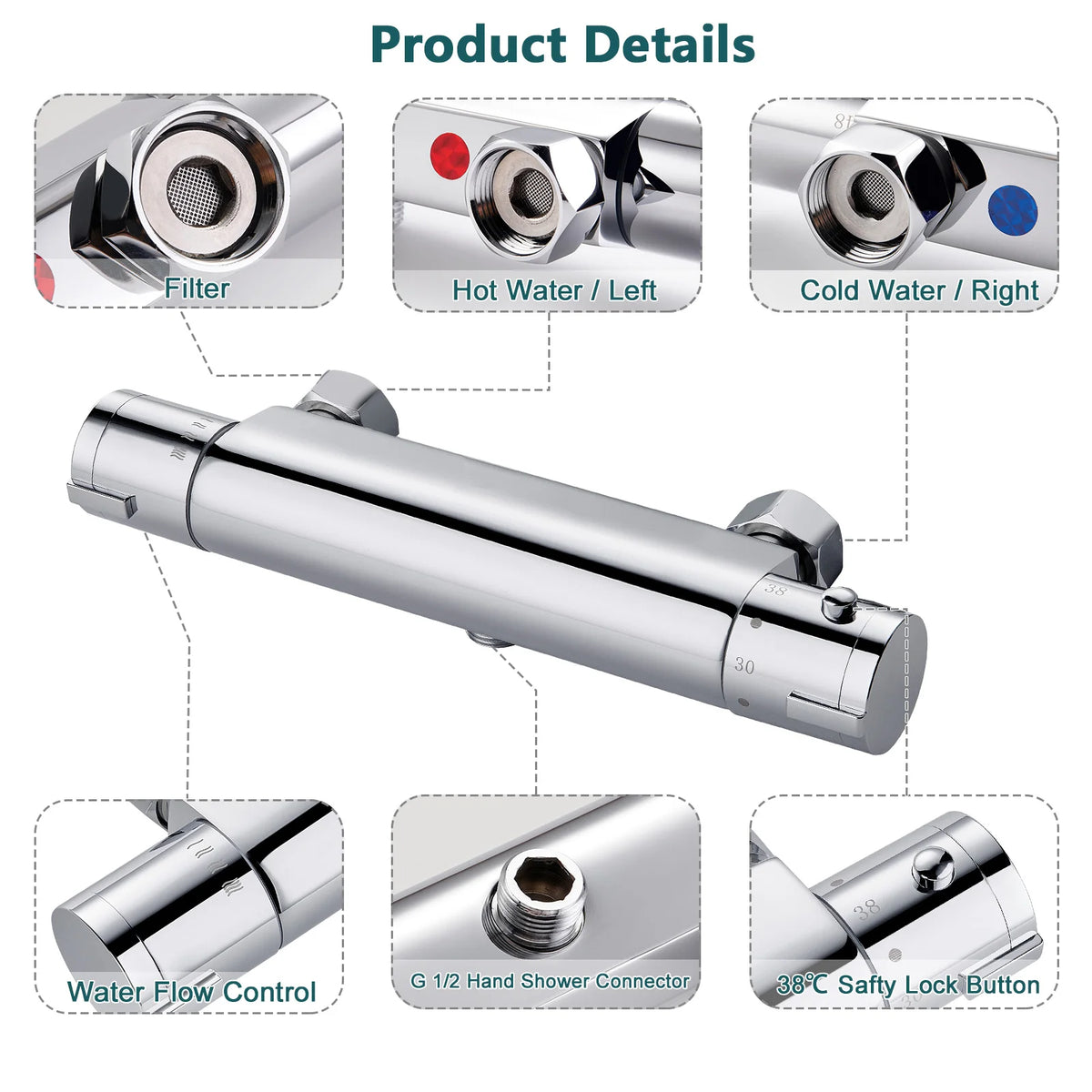 Shower Mixer Tap Thermostat 38 Safety Button Round