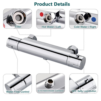 Shower Mixer Tap Thermostat 38 Safety Button Round
