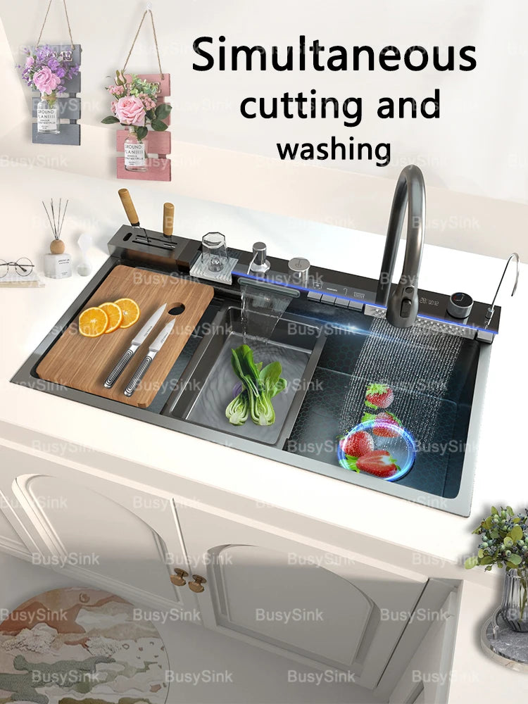 Stainless Steel Waterfall Sink Digital Display Large Slot