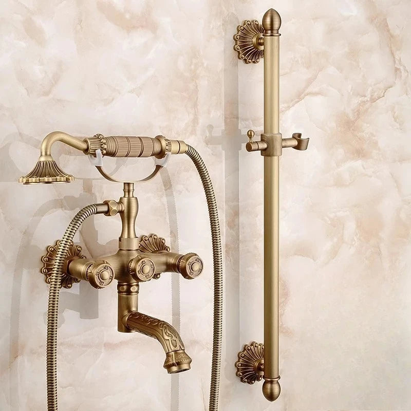 Antique Brass Bathtub Shower Faucets Wall Mounted Bath