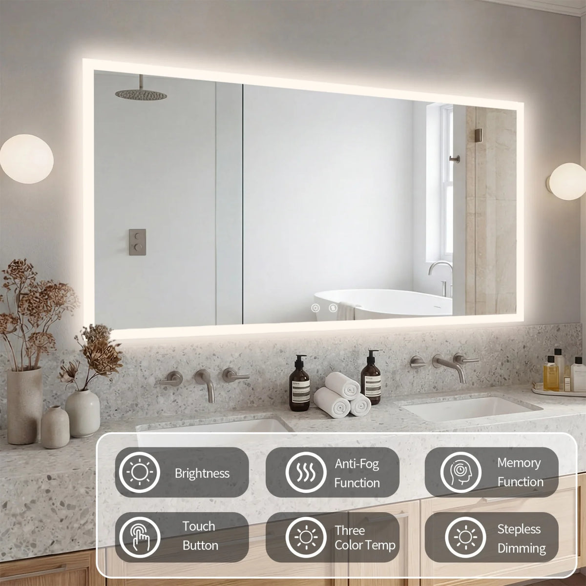 100/120cm Rectangular Led Bathroom Mirror Frameless Wall Vanity
