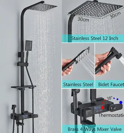 Chrome/Black Thermostat Shower Faucet Ways Bathroom Faucet