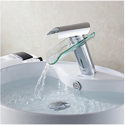 Langyo Chrome Bathroom Vanity Basin Glass Waterfall Spout