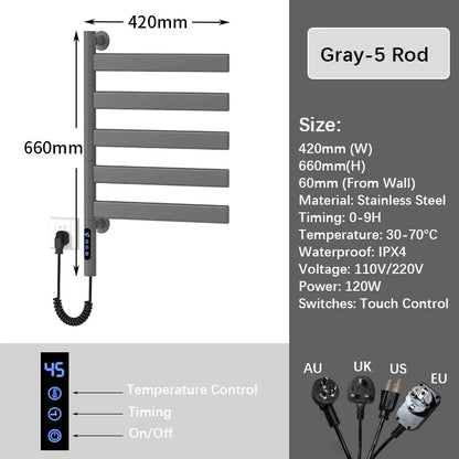 Black Electric Towel Rack Bathroom Temperature Time Smart