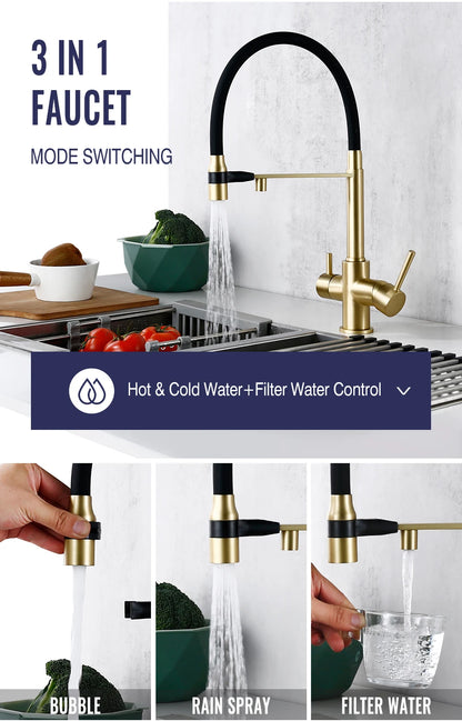 Brushed Gold Faucet Filter 360 Swivel Pure Water