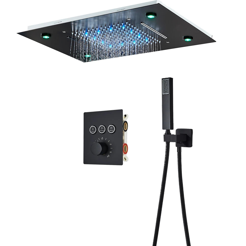 Black Thermostatic Bathroom Shower Faucet Remote Led Rainfall