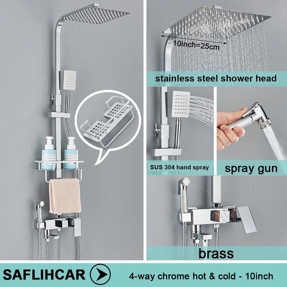 Black/Chrome Brass Shower Faucets Rainfall Shower Shelf Cold