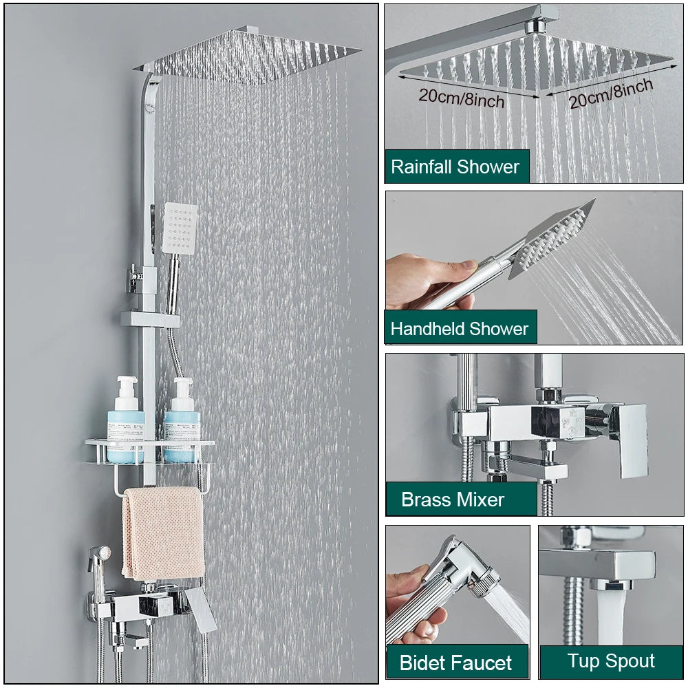 Shower Faucet Rainfall 3/4-Ways Bathtub Tap Bathroom Shelf