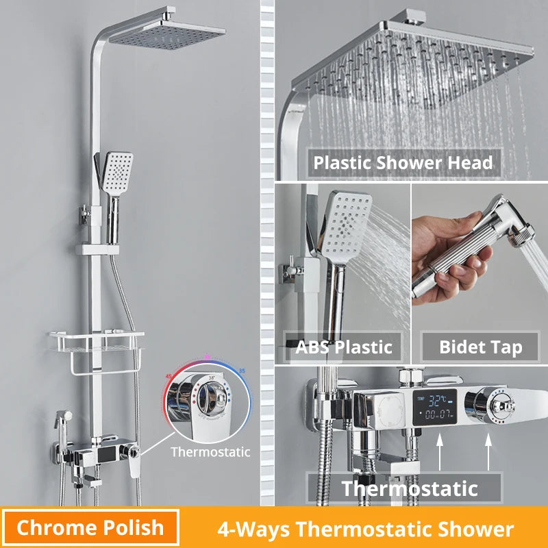 Bath Thermostatic Digital Display Shower Faucet Rain Shower