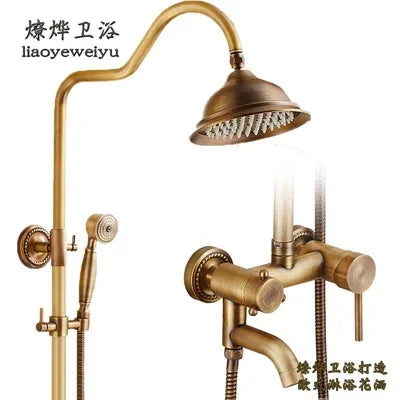 Antique Brass Shower Faucet 8-Inch Rainfall Dual Handle