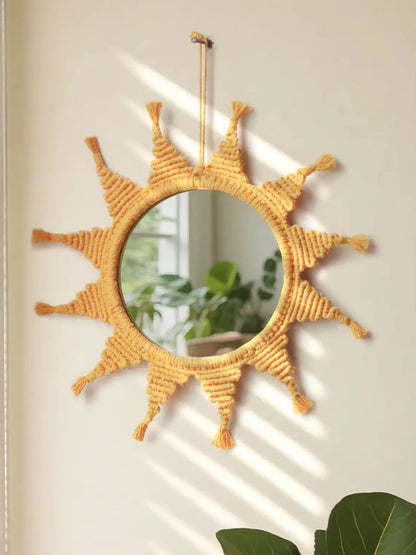 Handmade Yellow Sun Wall Mirror Boho Macrame Wall