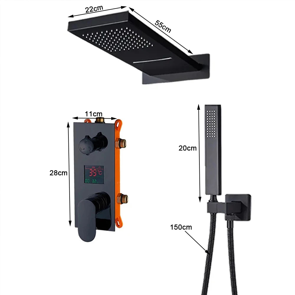 Black Bathroom Thermostatic Faucet Rainfall Waterfall Shower