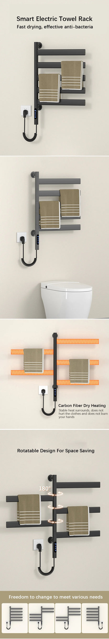 Black Electric Towel Rack Bathroom Temperature Time Smart