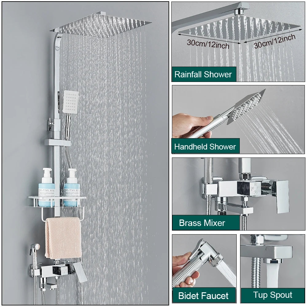 Shower Faucet Rainfall 3/4-Ways Bathtub Tap Bathroom Shelf