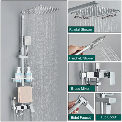 Shower Faucet Rainfall 3/4-Ways Bathtub Tap Bathroom Shelf
