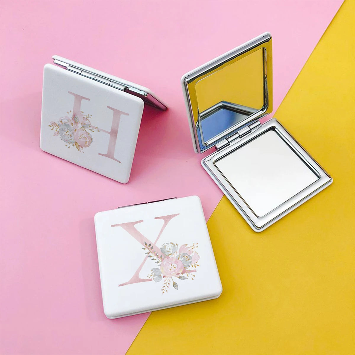 Personalized Floral First Letter White Square Double-Sided Makeup