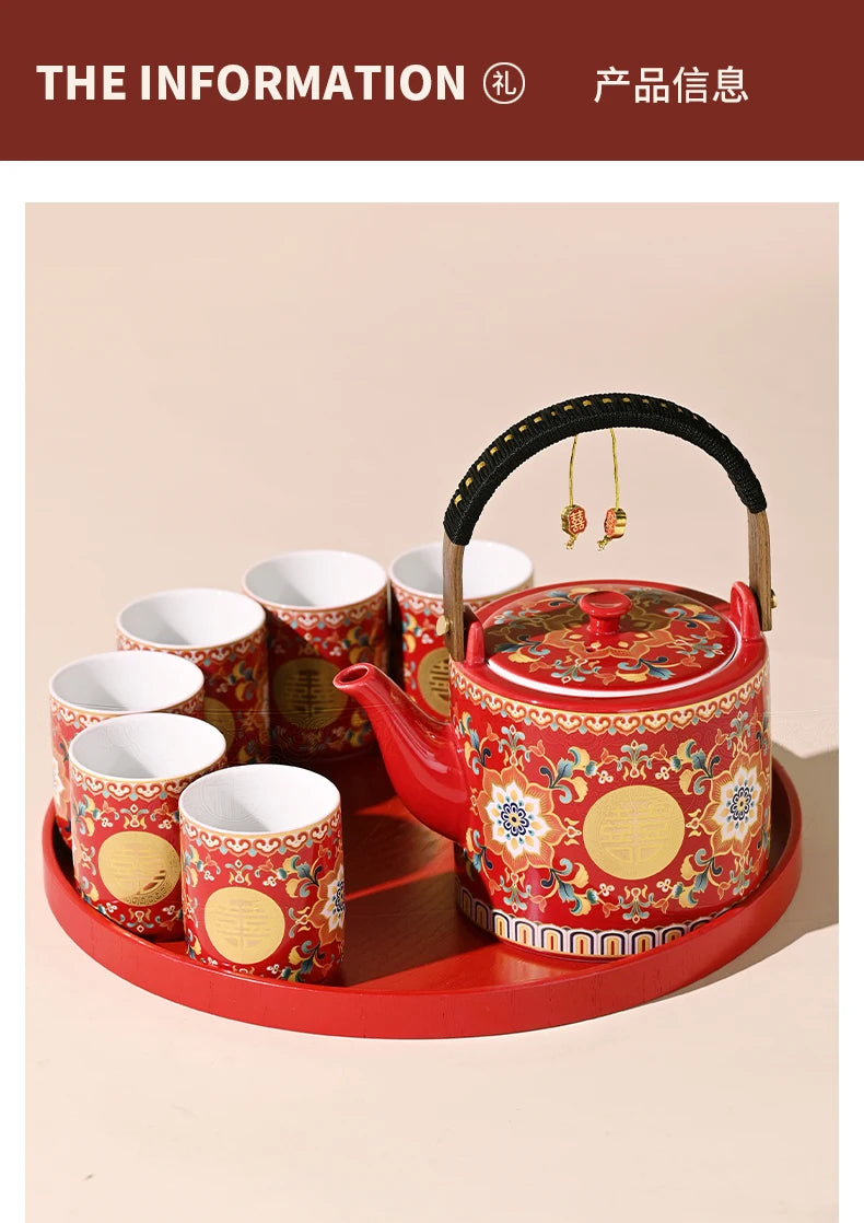 Double Happiness Enamel Wedding Tea Teacup Teapot Bridal
