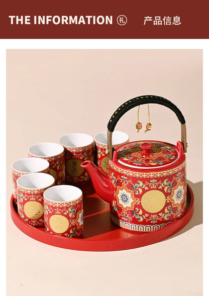 Double Happiness Enamel Wedding Tea Teacup Teapot Bridal