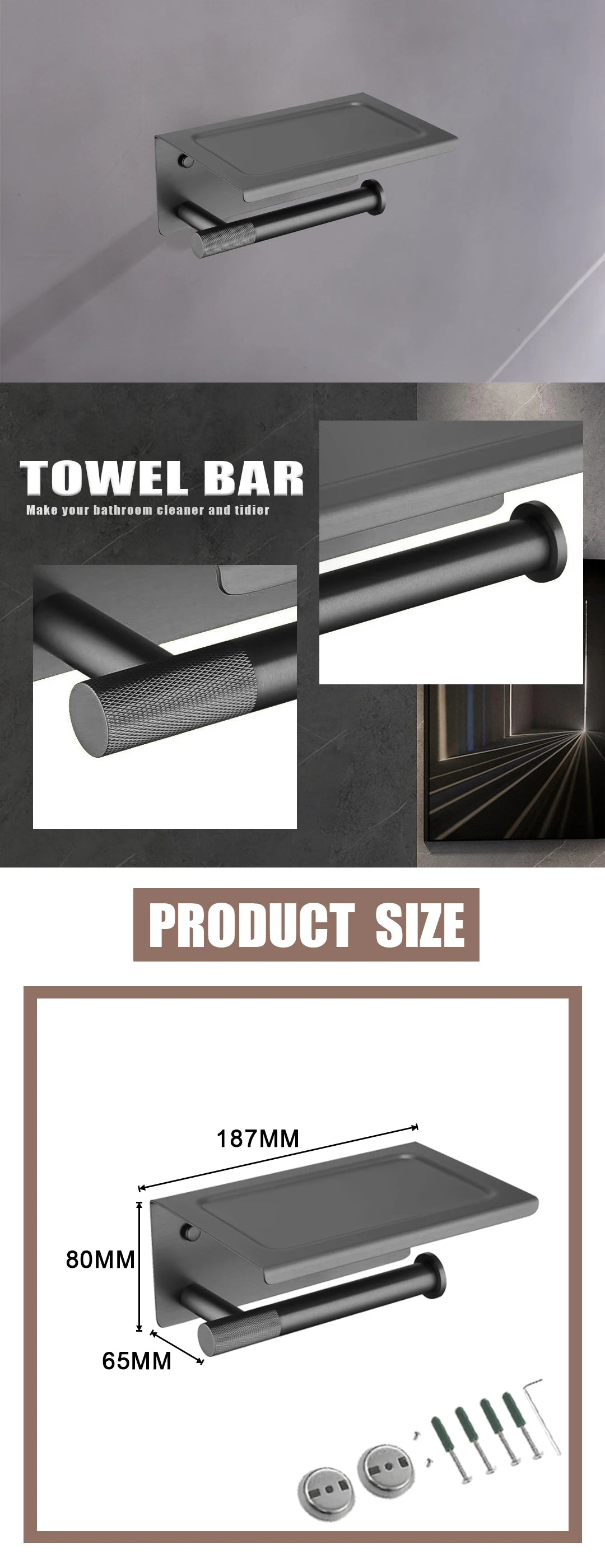 Grey Bathroom Hardware Kit Stainless Steel Round Wall